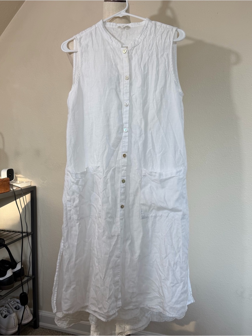 Eileen Fisher Sleeveless White Button-Front Linen Dress